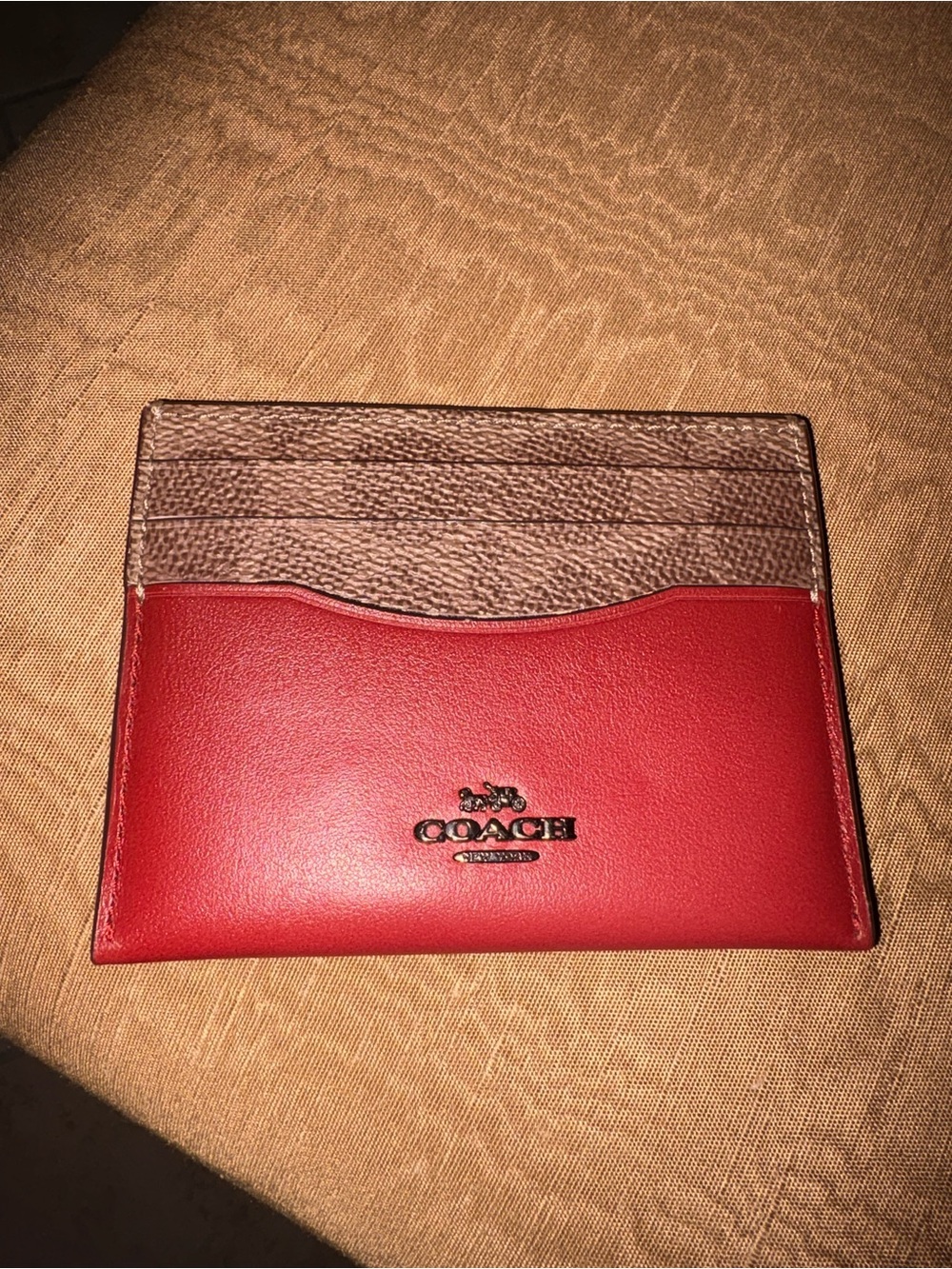 Coach Red Leather Card Case with Brown Signature Top